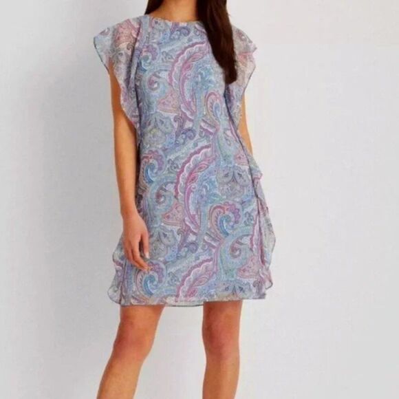 Lauren Ralph Lauren Dress Blue Paisley Ruffled Flounce Sleeveless NWT Size 12 - Picture 1 of 7